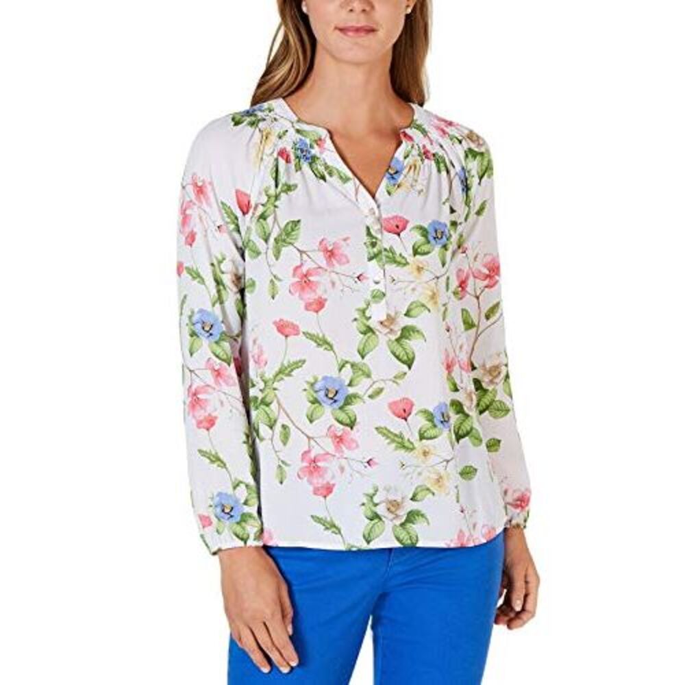 Charter Club Petite Floral-Print Smocked Top